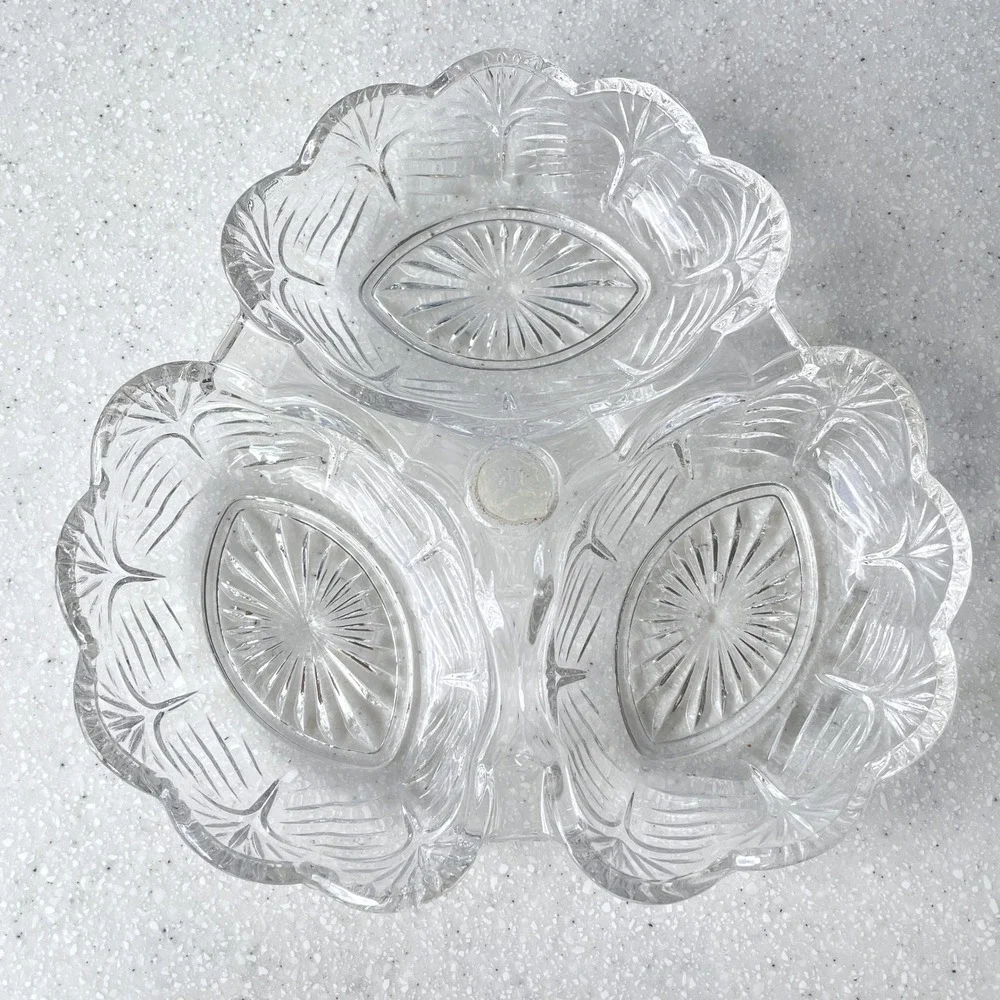 Vintage Clear Pressed Glass 3 Section Divided Serving Dish Oyster Candy Bowl
